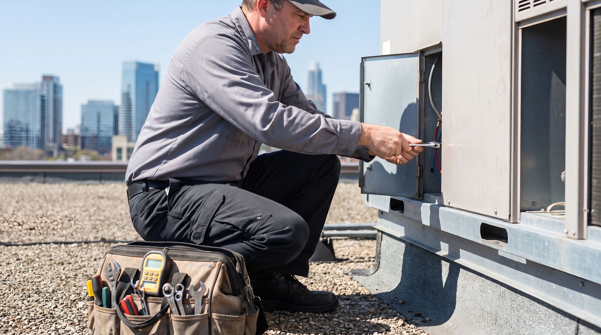 Technician in gray uniform kneeling on a rooftop servicing an open HVAC unit panel with hand tools.