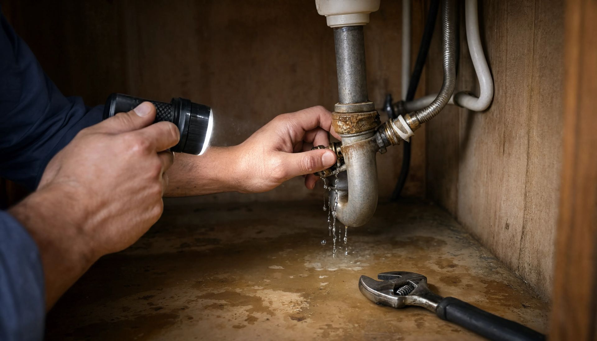 Expert technician inspecting bathroom pipes with a light to provide accurate leak detection services