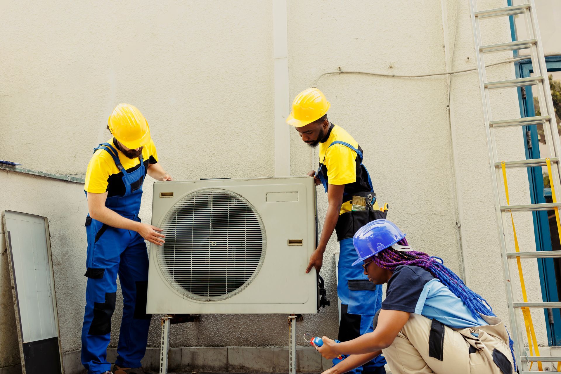 Three technicians in hard hats and blue and yellow uniforms install an outdoor HVAC condenser unit. Three technicians in hard hats and blue and yellow uniforms install an outdoor HVAC condenser unit.