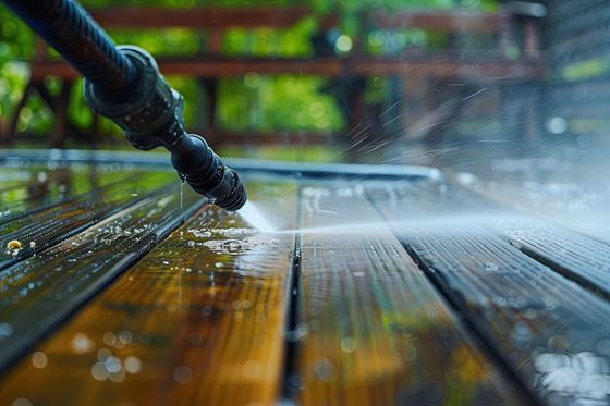 A person is using a high pressure washer to clean a wooden deck.