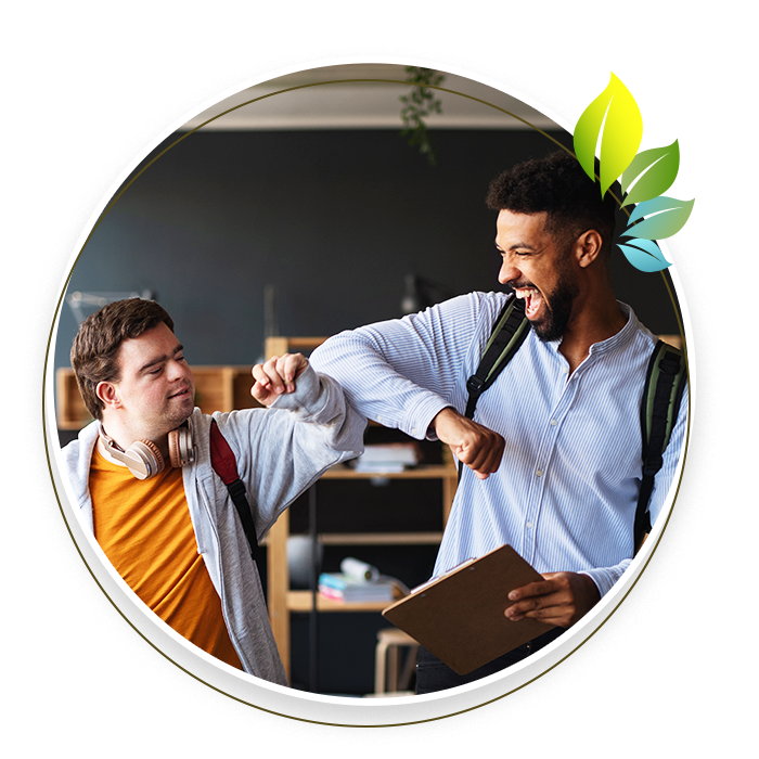 two men are giving each other a high five while standing next to each other