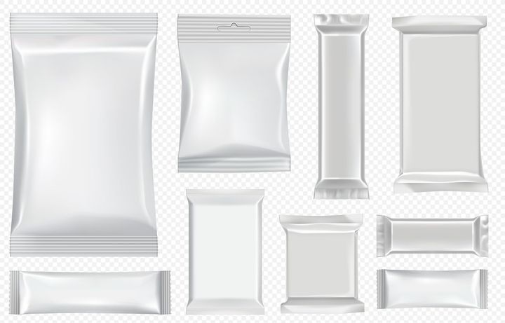 Blank silver foil snack packaging mockups on a transparent background