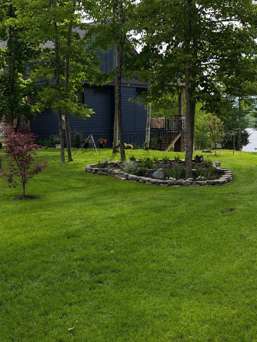 Green lawn with stone-bordered trees beside a dark blue house in a wooded yard