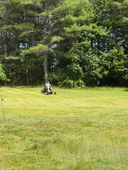 Person sitting on a small ride-on mower in a sunny grassy yard near trees.