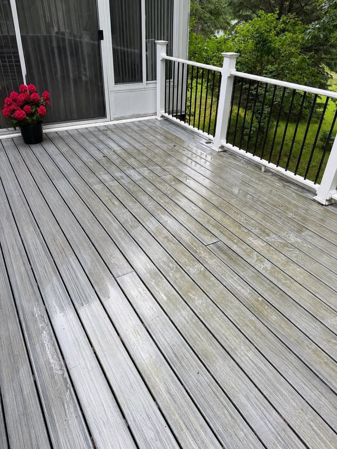 Gray wooden deck with white railing, black planter of red flowers, and glass sliding door on the left