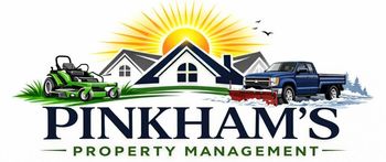 Pinkham&rsquo;s Property Management logo with house, truck, car, mower, and sunrise