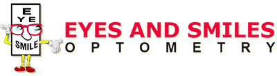 A logo for eyes and smiles optometry with a cartoon character wearing glasses.