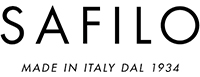 A black and white logo for safilo made in italy dal 1934