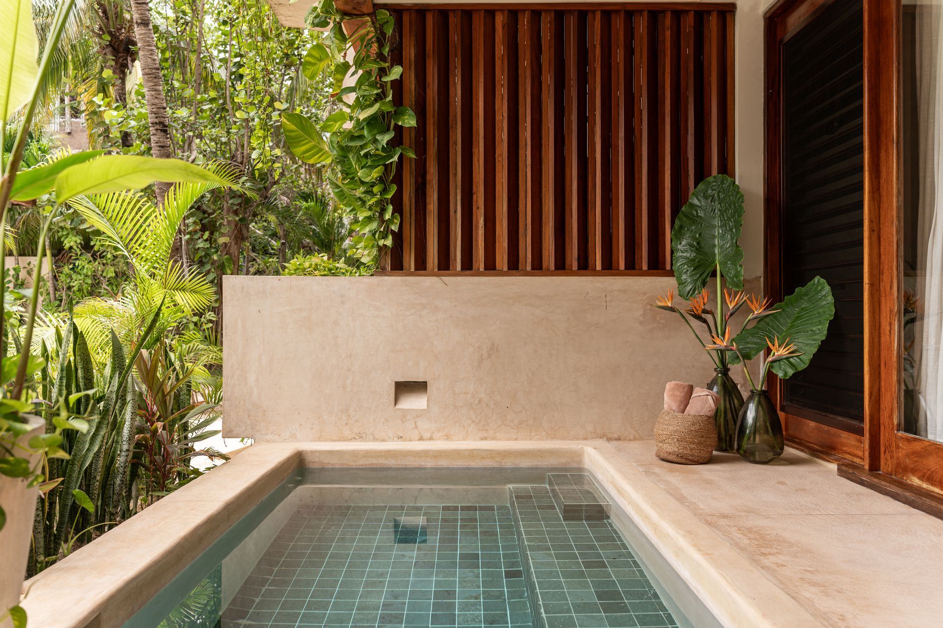 Outdoor plunge pool surrounded by tropical greenery; wooden shutters.