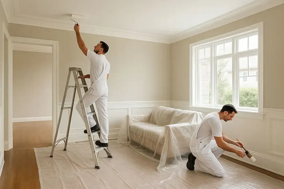 Two painters in white uniforms painting a bright living room, one on a ladder and one kneeling by the wall.
