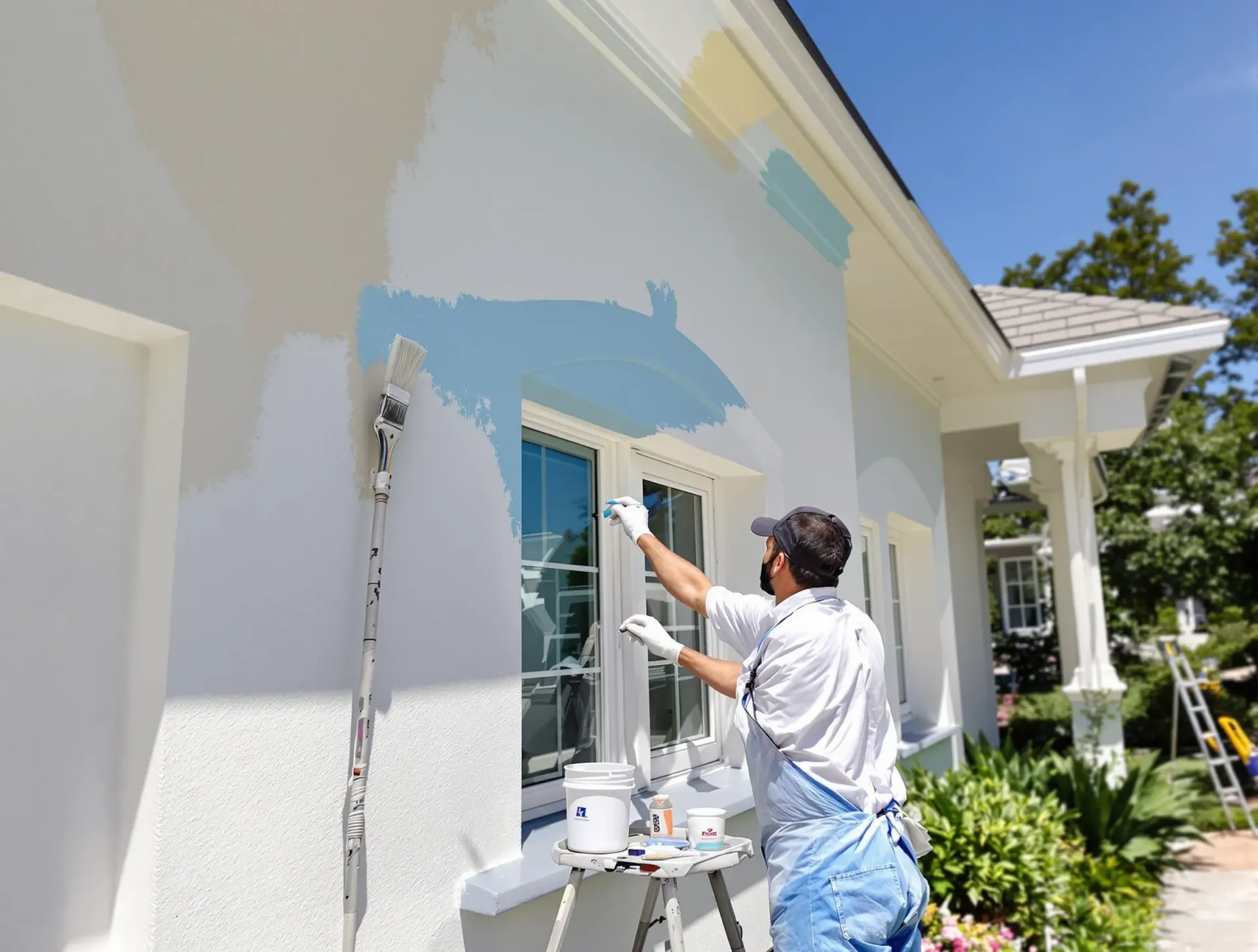 Painter applying blue paint to a house exterior near a window on a sunny day