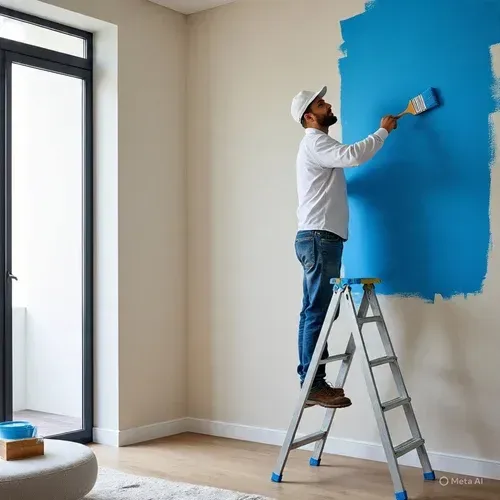 Person painting a wall bright blue on a ladder in a sunlit room