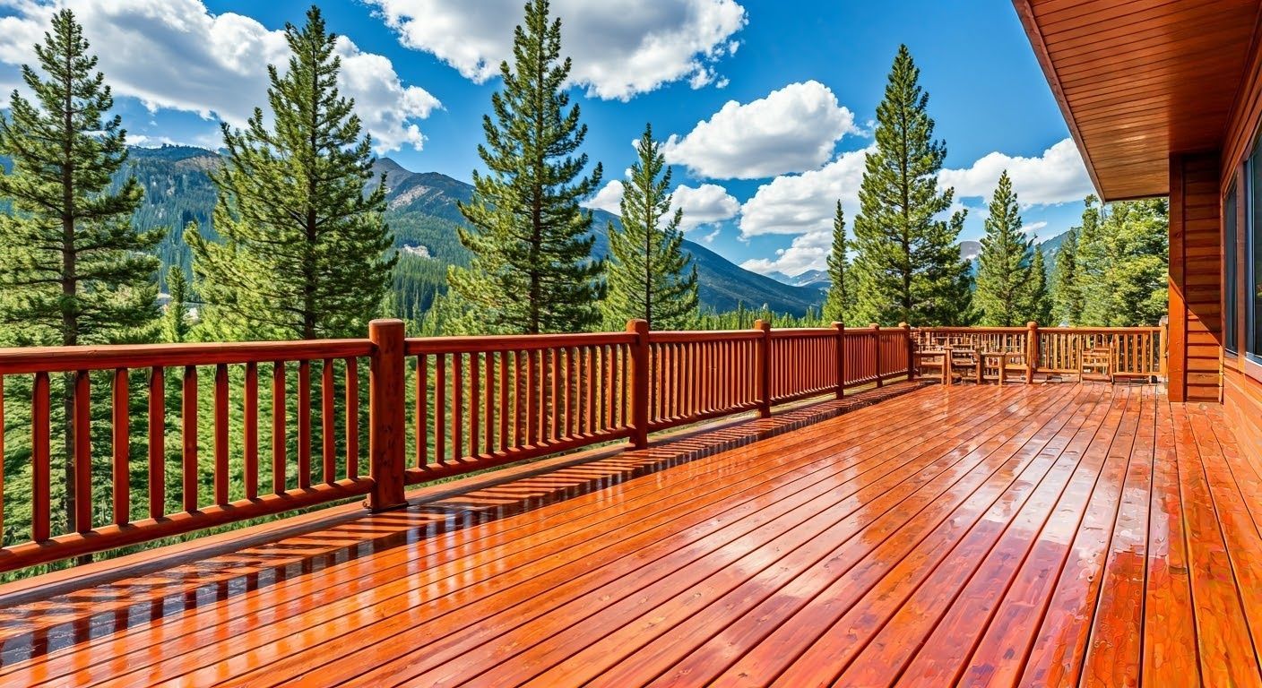 Wooden deck with red railing overlooking pine trees and mountains under a bright blue sky