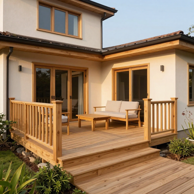 Wooden backyard deck with steps, lounge chairs, and sliding glass doors on a modern house