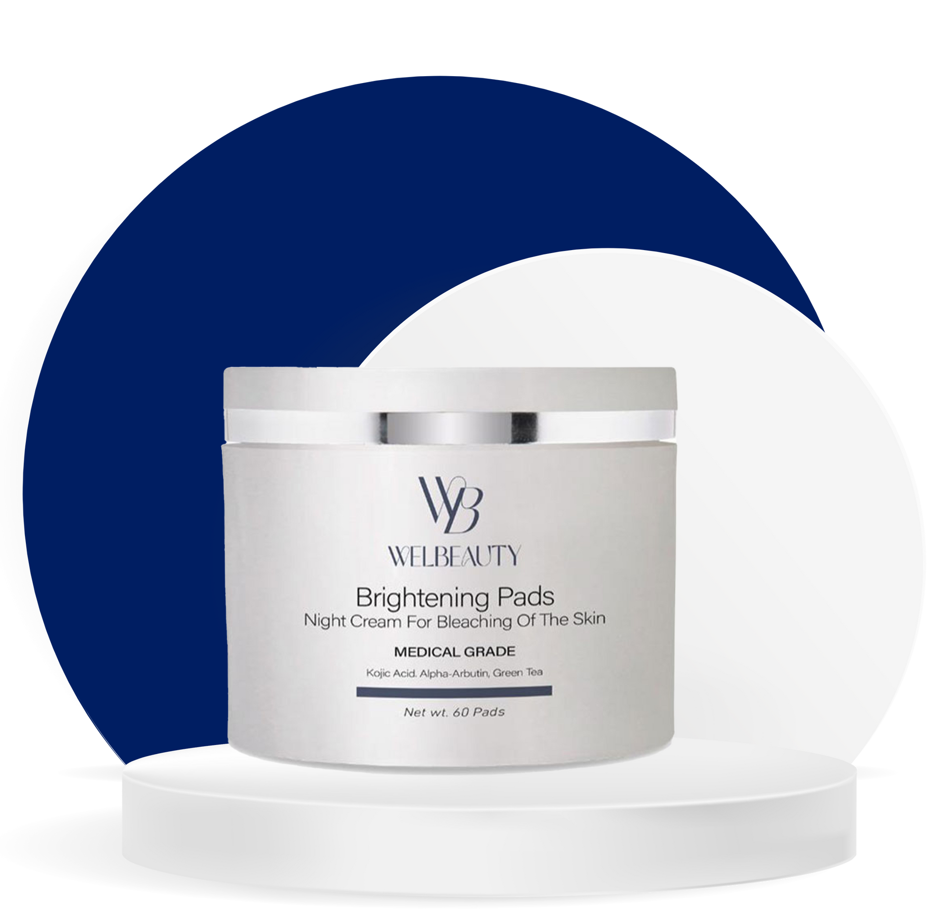 A jar of brightening pads sitting on top of a white podium
