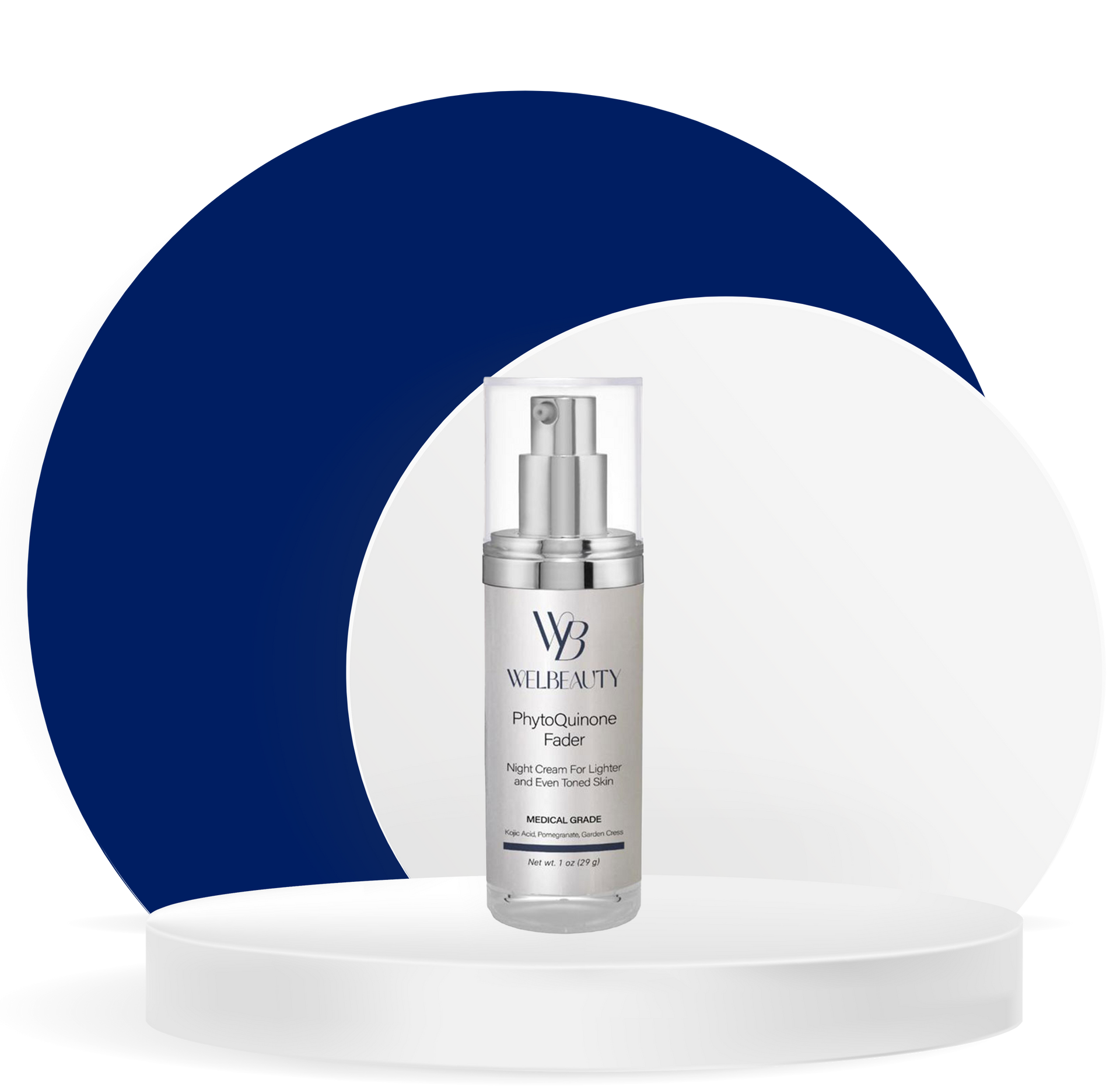 A bottle of lotion is sitting on a white podium.