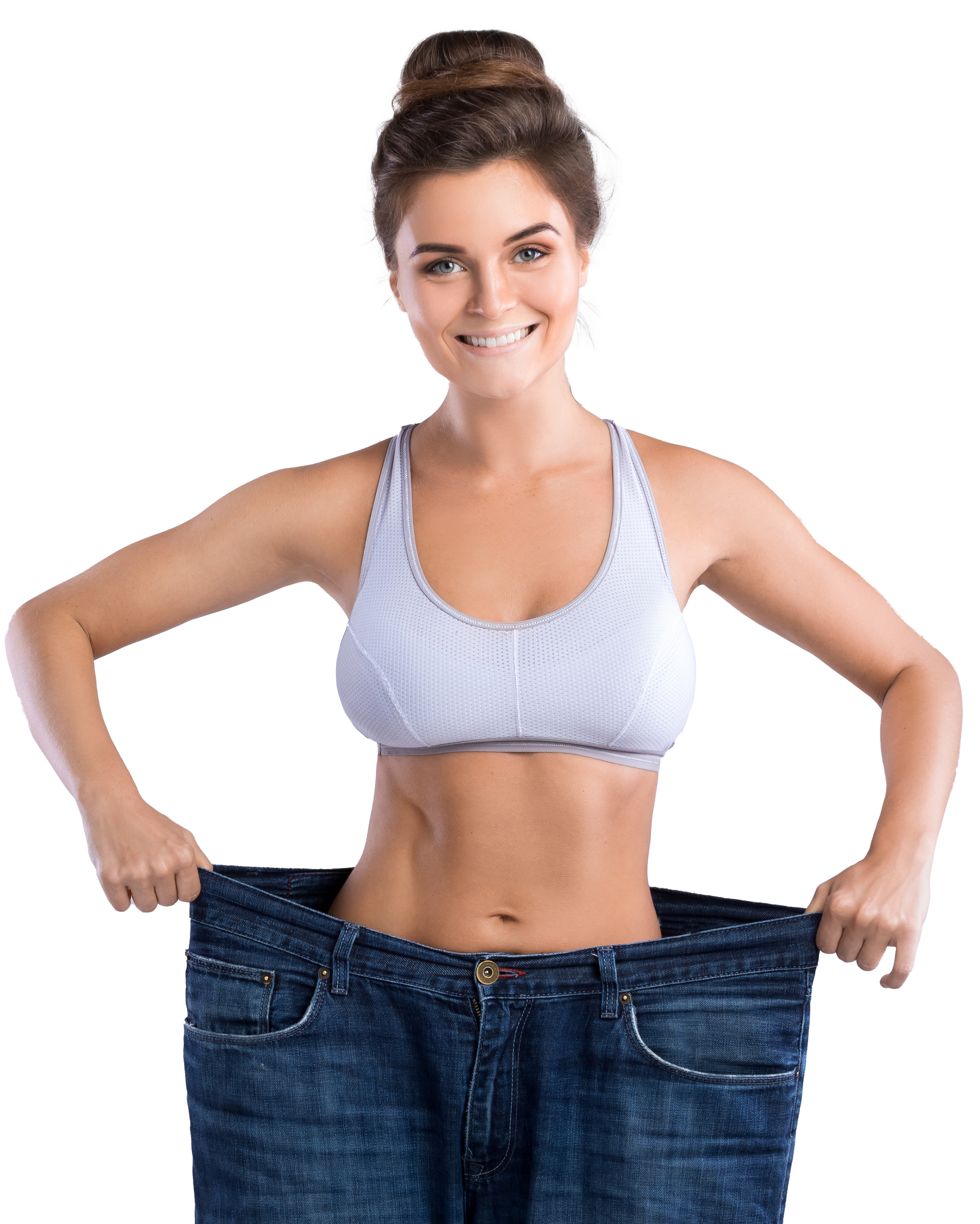 A woman is wearing a pair of very large jeans.