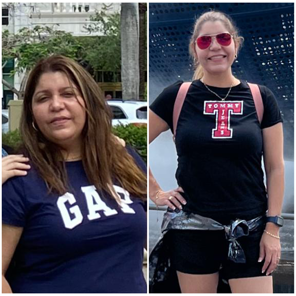 A woman is wearing a gap shirt and a tommy hilfiger shirt.
