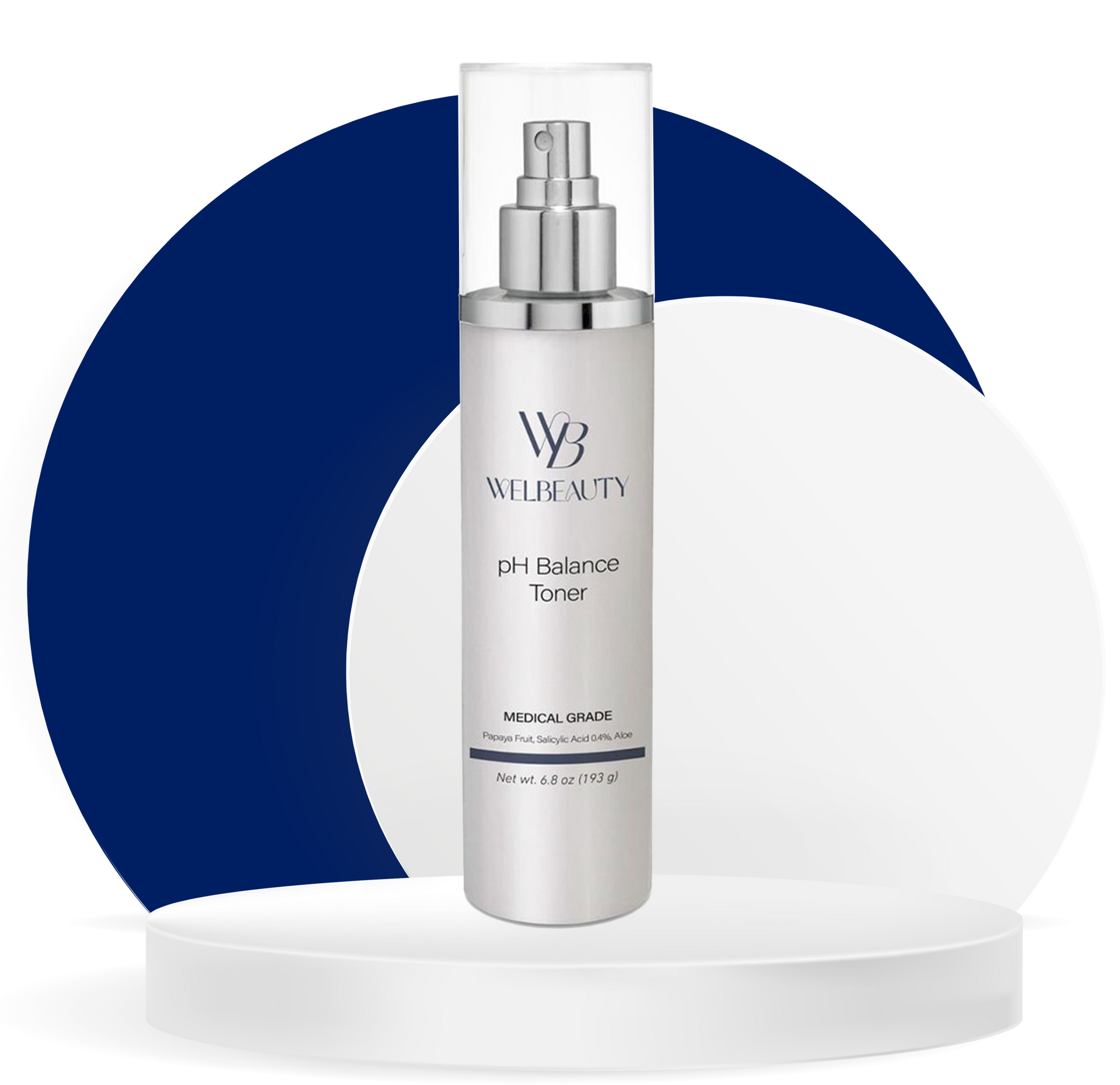 A bottle of ph balance toner sits on a white podium