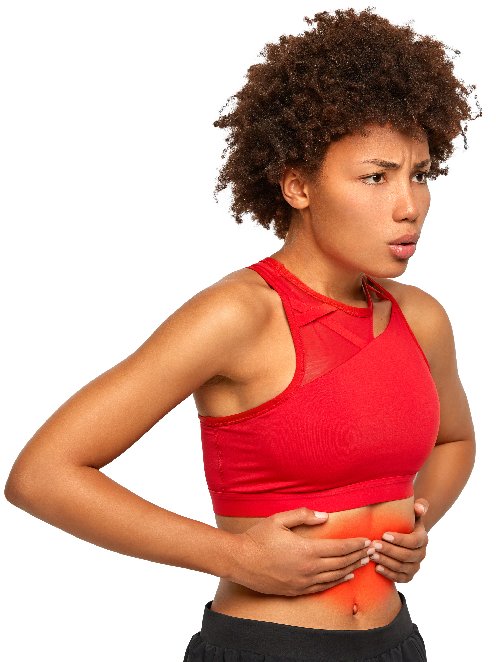 A woman in a red top is holding her stomach.