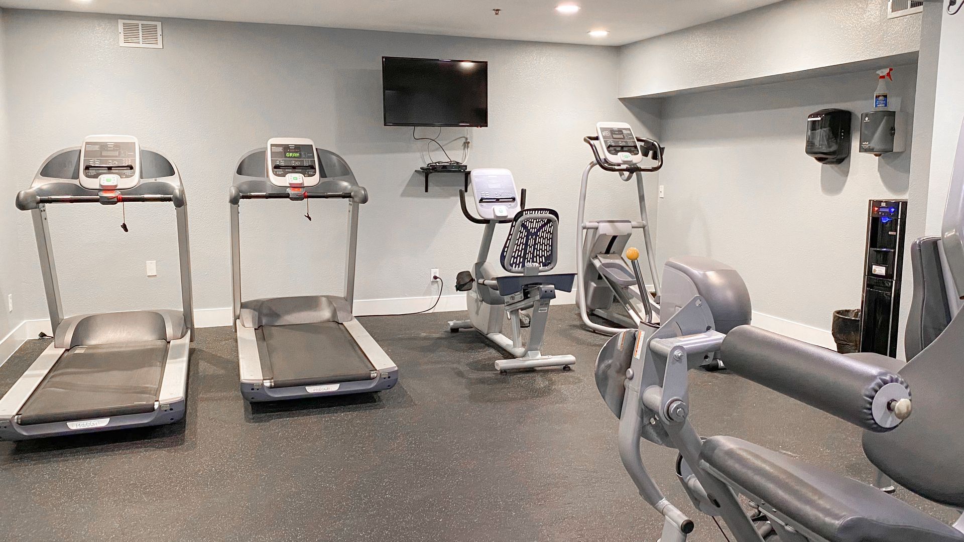 a gym with treadmills , exercise bikes , and a television .