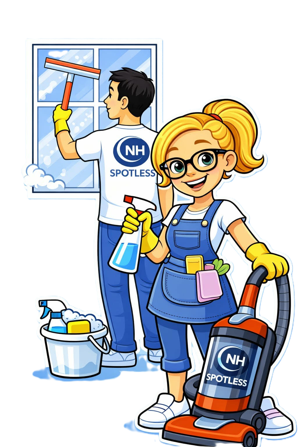 Two cleaning professionals in branded uniforms, one washing a window and the other holding a spray bottle and a vacuum.