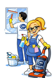 Two cleaning professionals in branded uniforms, one washing a window and the other holding a spray bottle and a vacuum.
