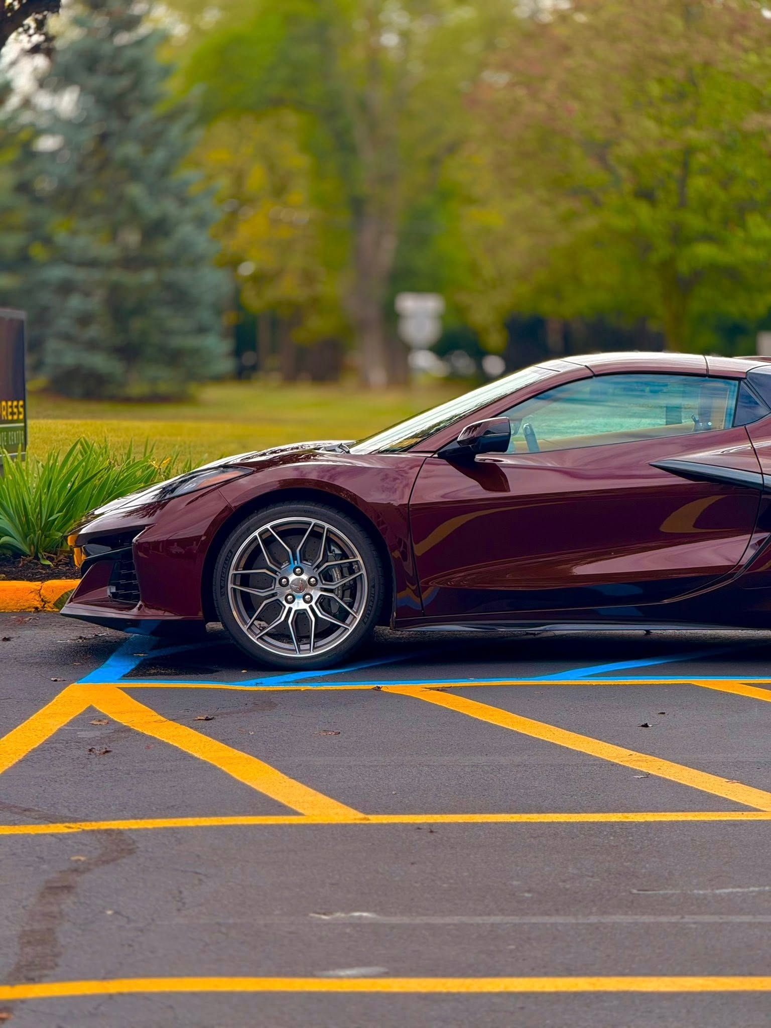 Maroon sports car parked on a yellow-striped lot beside greenery