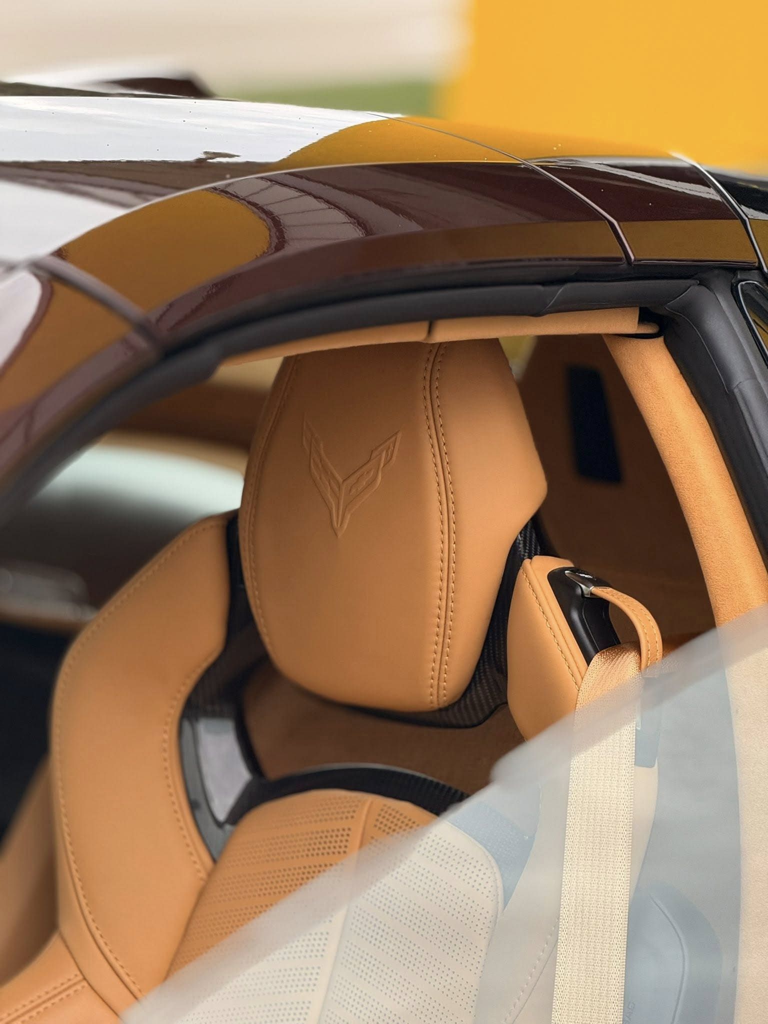 Tan leather car seat and headrest beneath a partially open roof, viewed through a window