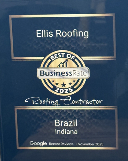 Ellis Roofing award graphic with Best of BusinessRate 2025 badge and Brazil, Indiana location