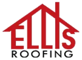 ELLIS Roofing logo with red house roof outline and black text