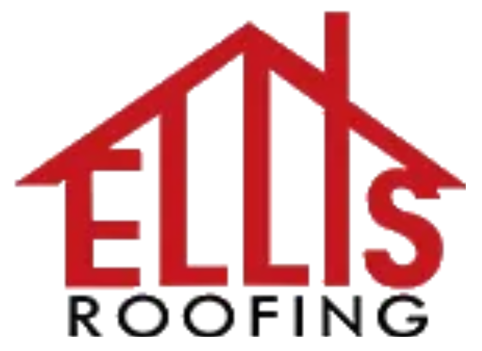 ELLIS Roofing logo with red house roof outline and black text