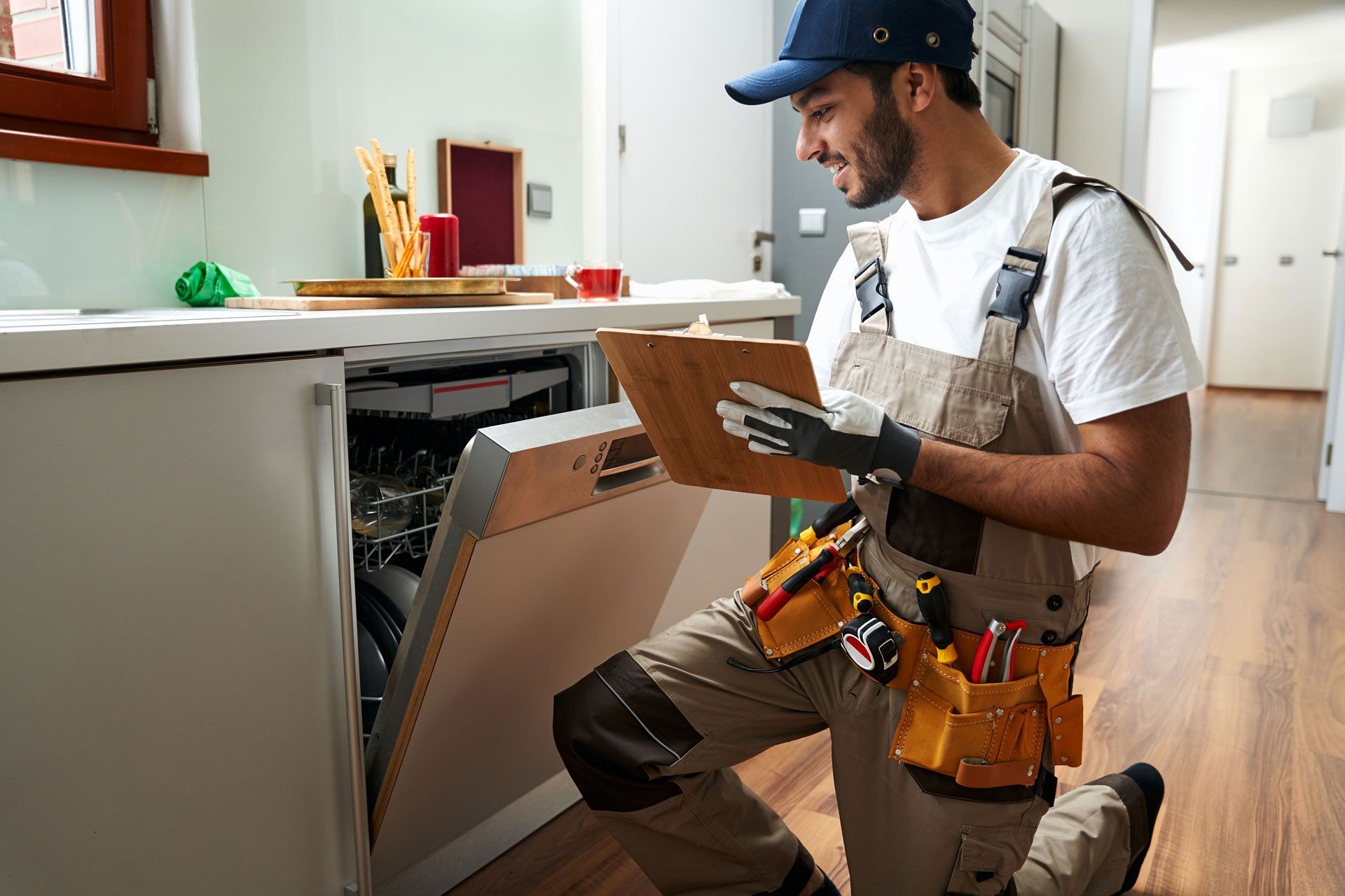 Technician kneeling by an open dishwasher, inspecting it with a clipboard in a kitchen