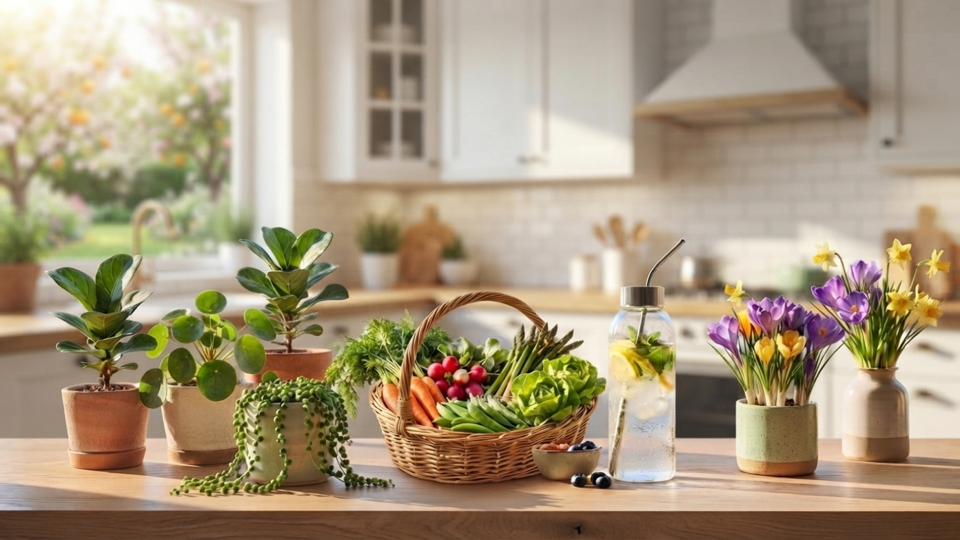 A bright, sunlit room featuring fresh green plants, a glass of water with sliced lemon, and a basket of seasonal spring vegetables on a wooden counter.