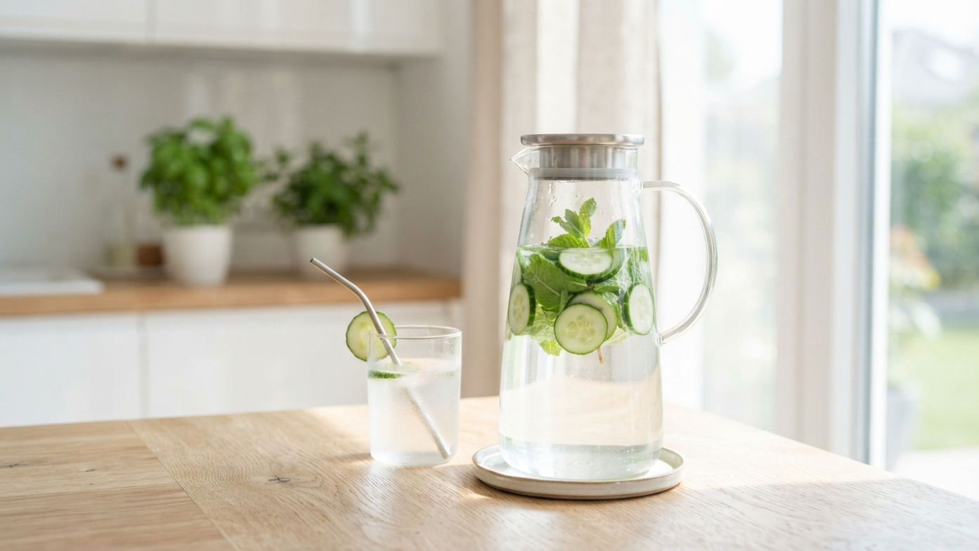 Glass pitcher with cucumber and lemon slices on a kitchen counter, with a glass beside it