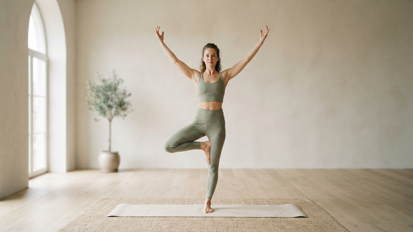 Woman doing yoga tree pose on a mat in a bright minimalist room