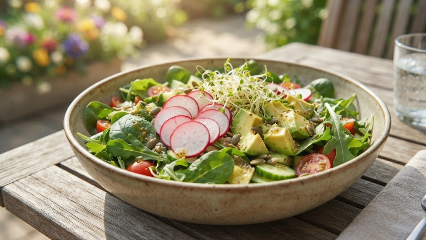 A close-up of a colorful, fresh salad bowl loaded with leafy greens, radishes, avocado, and sprouts on a outdoor table.