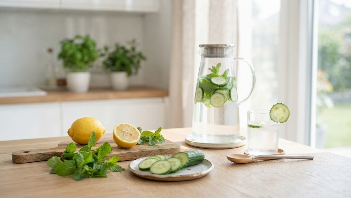 Fresh lemon water and vegetables prepared for natural colon detox preparation