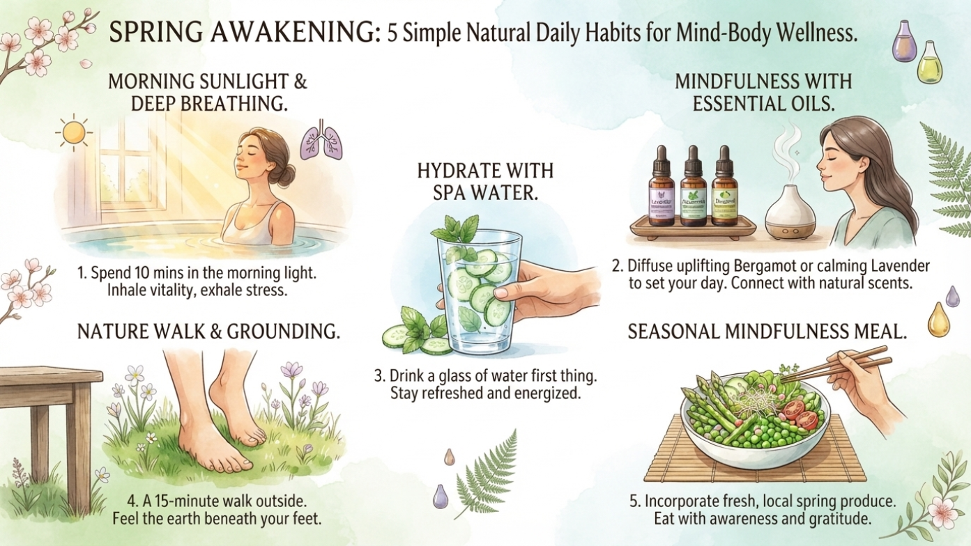 An illustrated infographic chart showing 5 simple natural daily habits for mind-body wellness during spring.