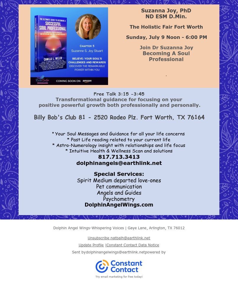 Blue-and-beige flyer advertising a holistic first fort worth event with speaker photo, dates, and contact info.