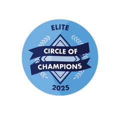 Blue circular badge: