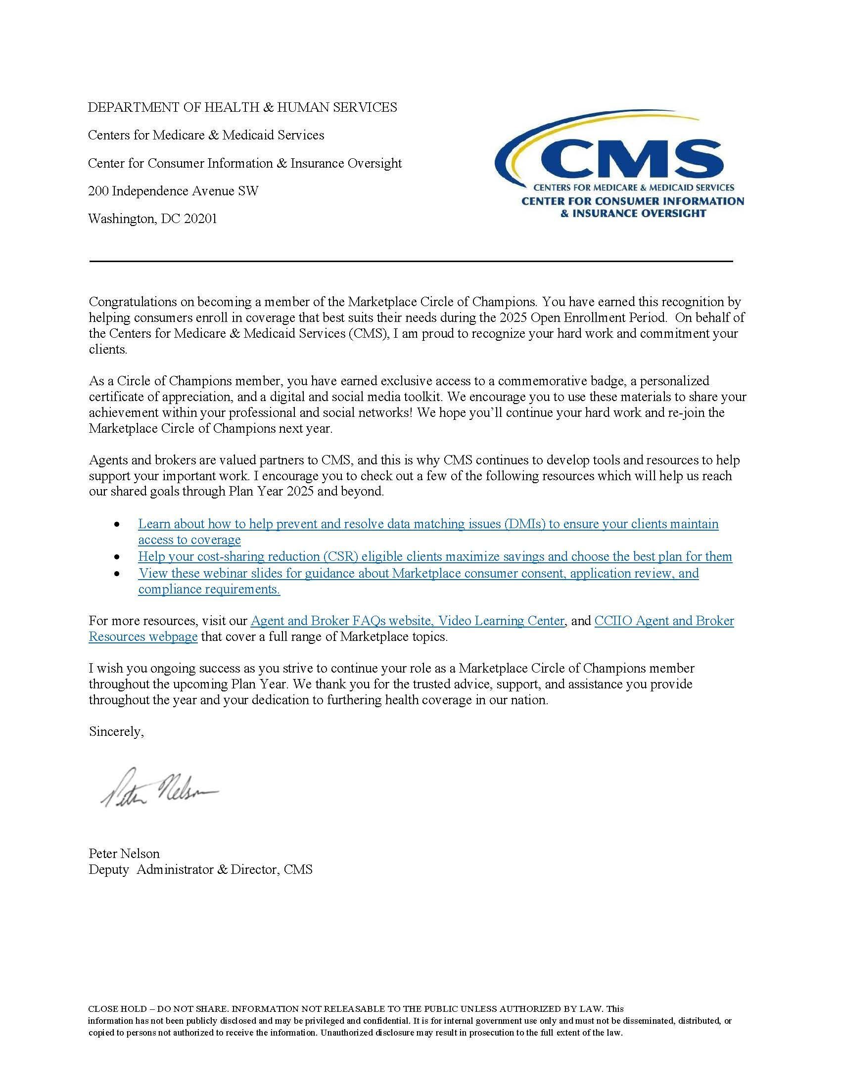 Letter from the Centers for Medicare & Medicaid Services with CMS logo.