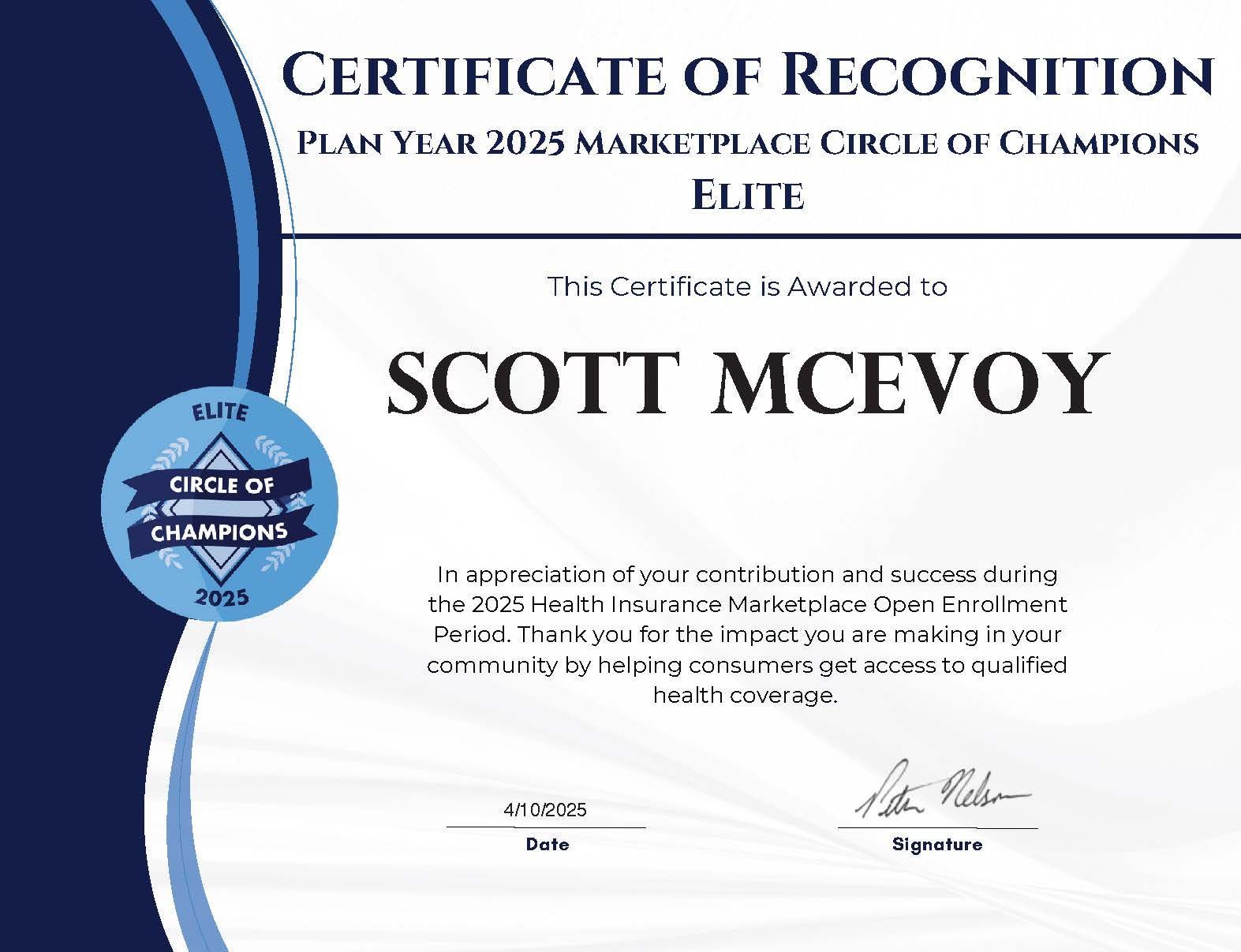 Certificate of Recognition for Scott McEvoy,