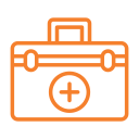 Orange outline of a first aid kit with a white cross.