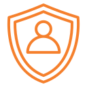 Orange shield with person icon, representing protection.