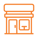 Orange outline of a storefront with a door and window.
