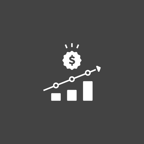 Gráfico branco com linha ascendente e símbolo de dólar, sobre fundo rosa.