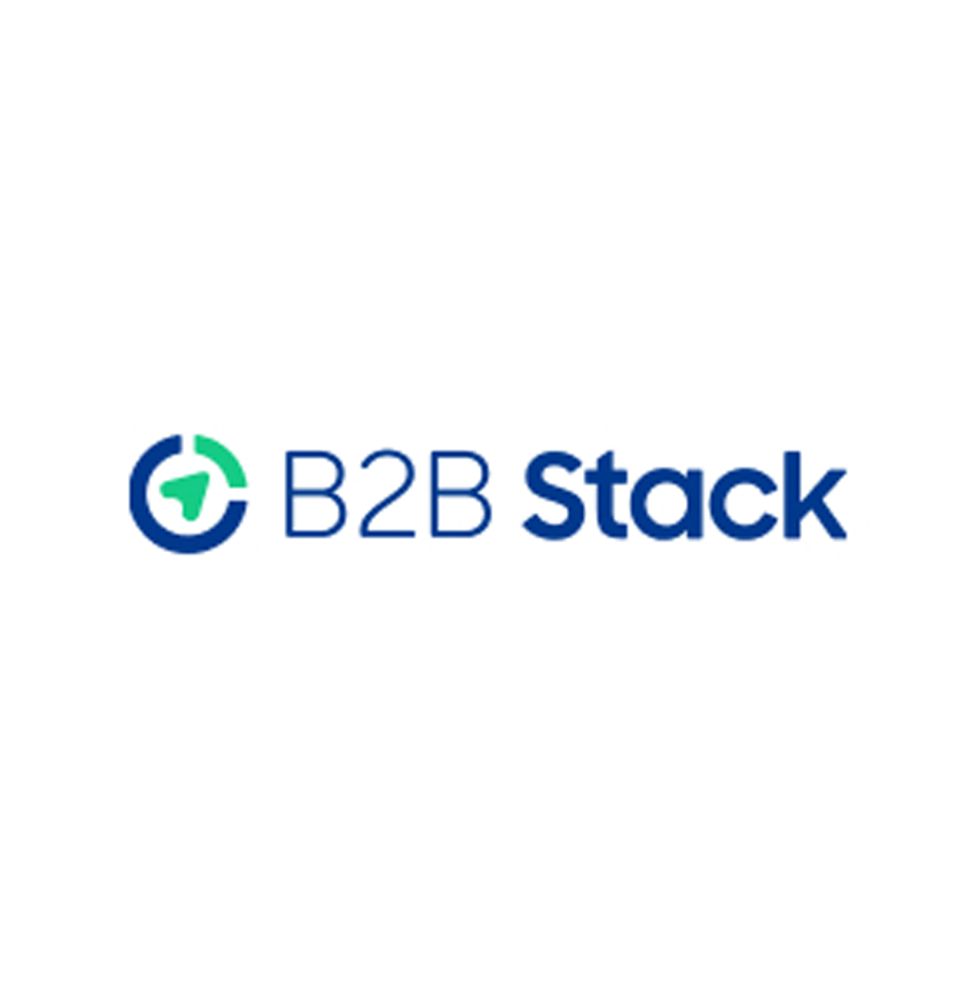 Logotipo da B2B Stack com ícone azul e verde e texto azul sobre fundo branco.