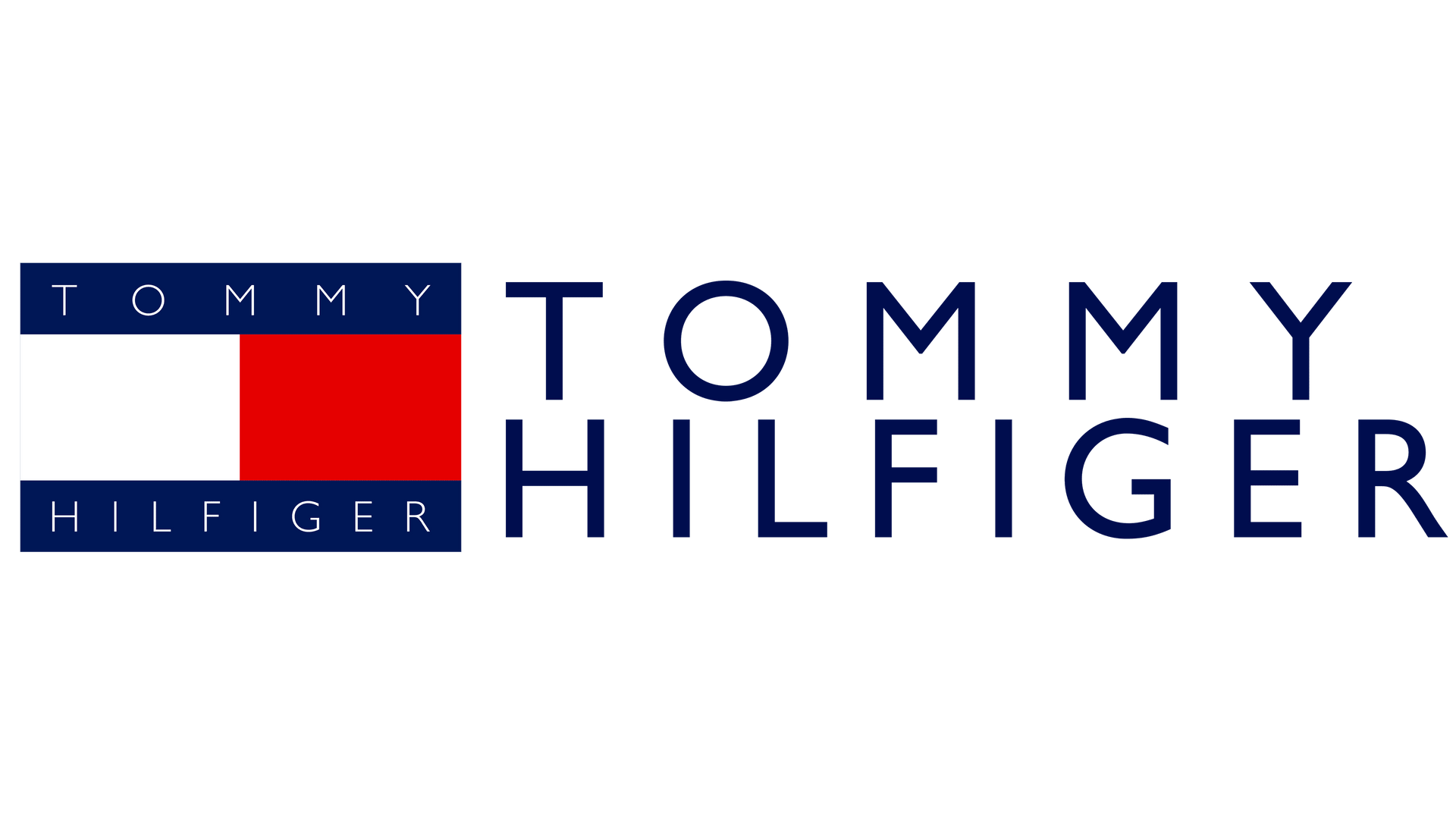 Logotipo da Tommy Hilfiger com bandeira retangular azul, branca e vermelha e nome da marca em texto azul.