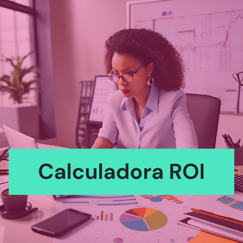 Uma mulher está sentada em uma mesa com um laptop e uma placa que diz calculadora roi